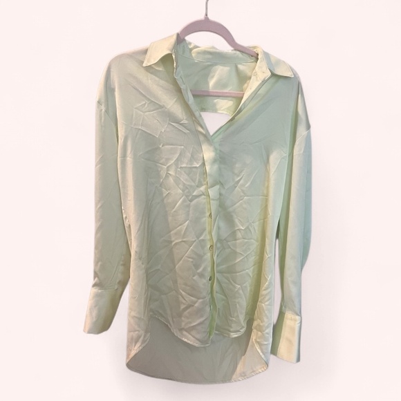 Adrienne Landau Lime Cream Open Back Relaxed Button Down Loungewear Top Size S - Picture 2 of 5